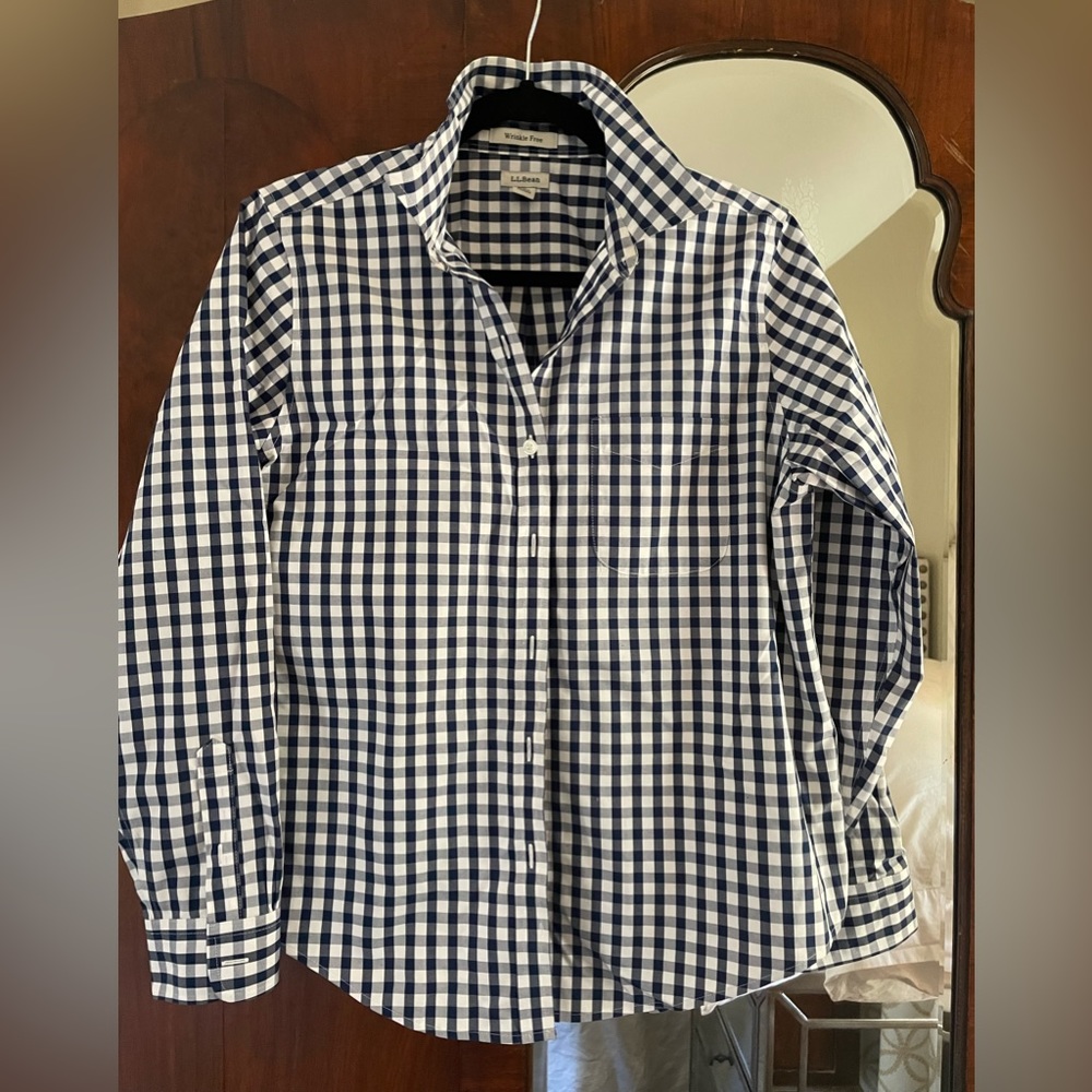 LL Bean Petite Small blue-checkered button down shirt.